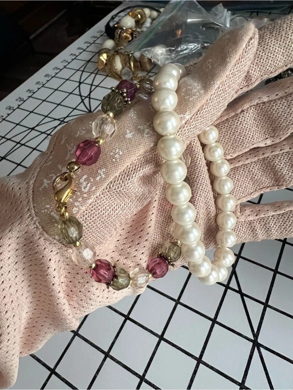 Vintage Faux Pearl & Multicolored Faceted Glass Bead Bracelet Set Lot of 2
